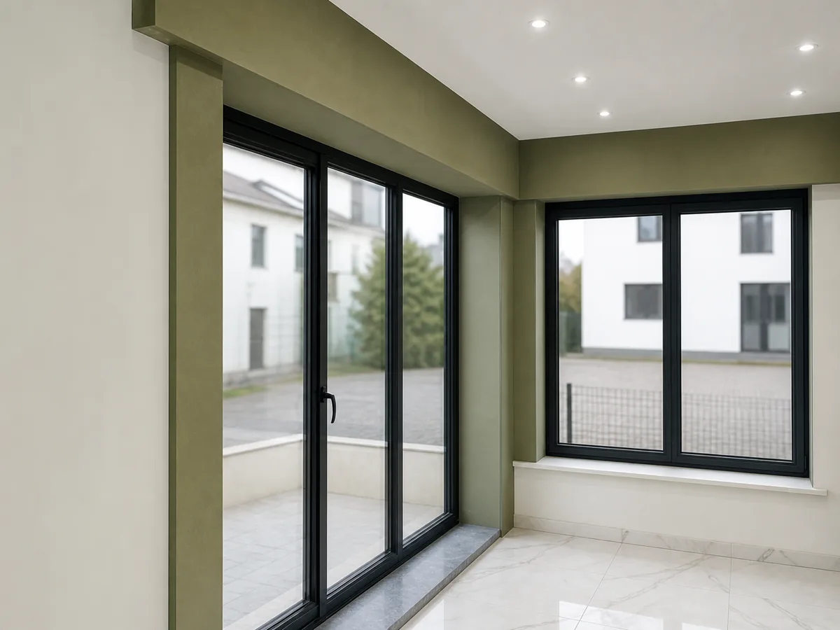 Green interior finishing around black windows and a black sliding glass door