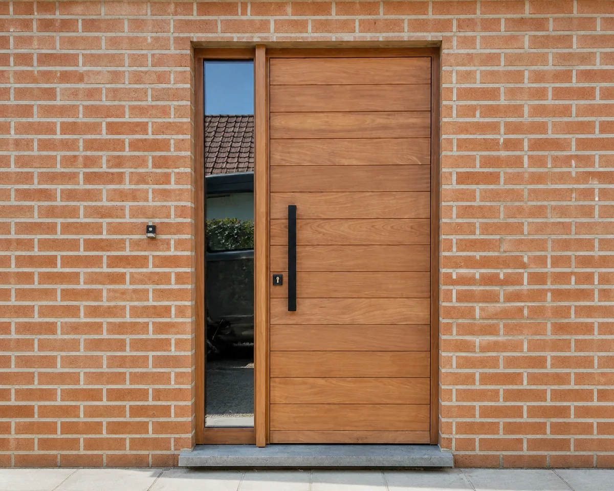 Wooden front door with black vertical handle and glass side light