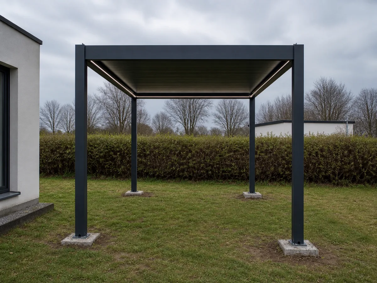 Free-standing dark aluminum louvered roof with integrated linear lighting