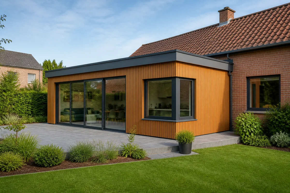 Finished single-storey extension with wooden cladding and aluminum windows