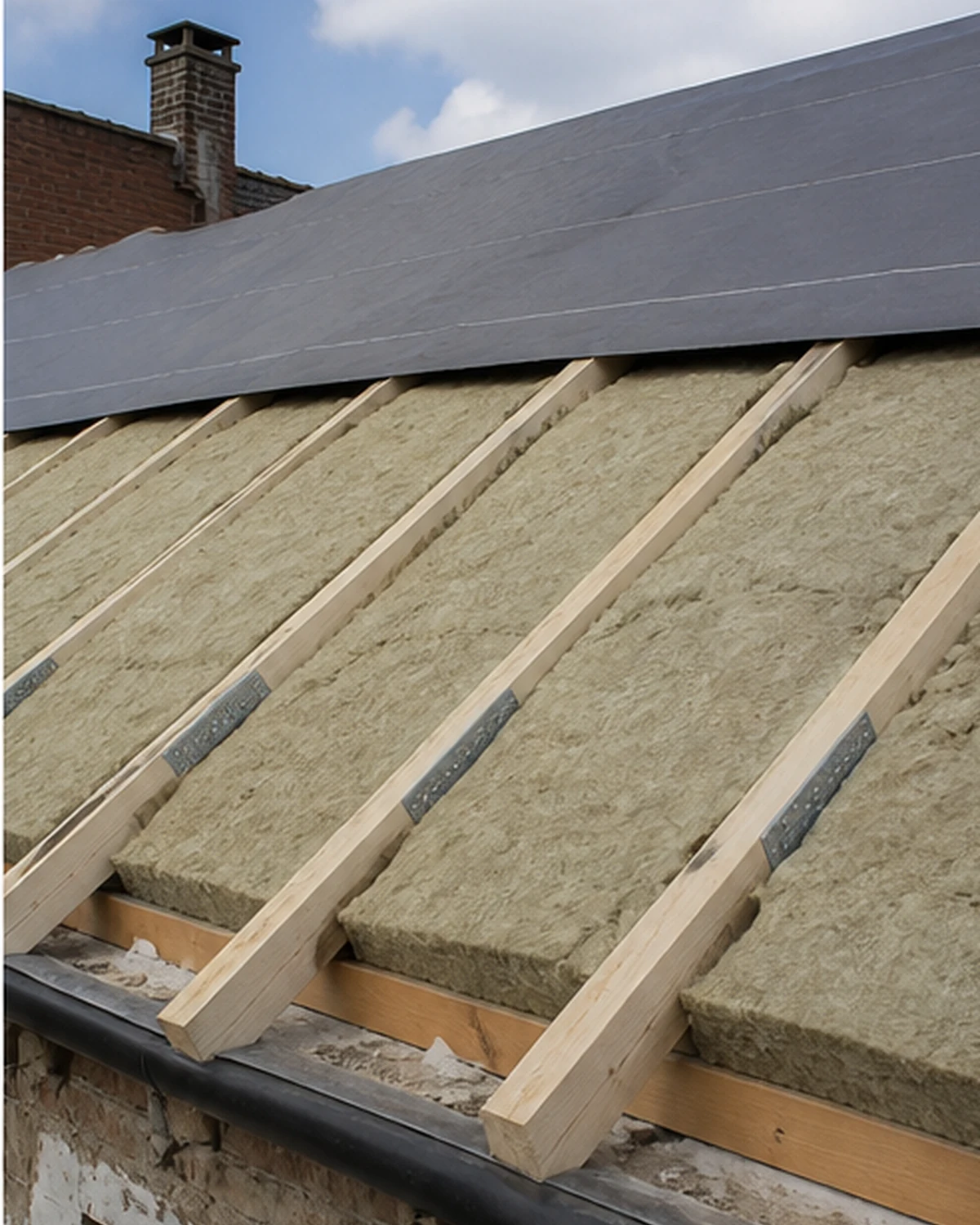 Roof insulation and waterproof membrane between renewed roof beams