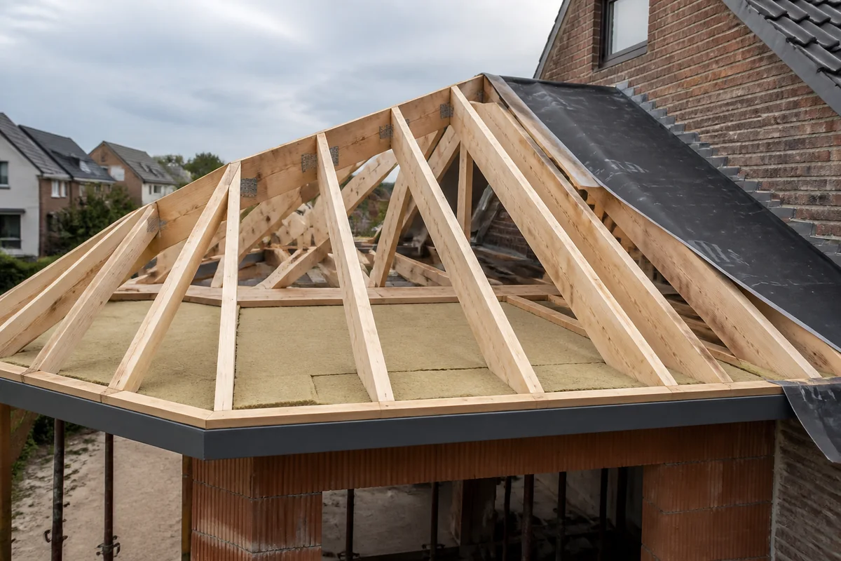 New wooden roof construction with insulation and waterproofing membrane