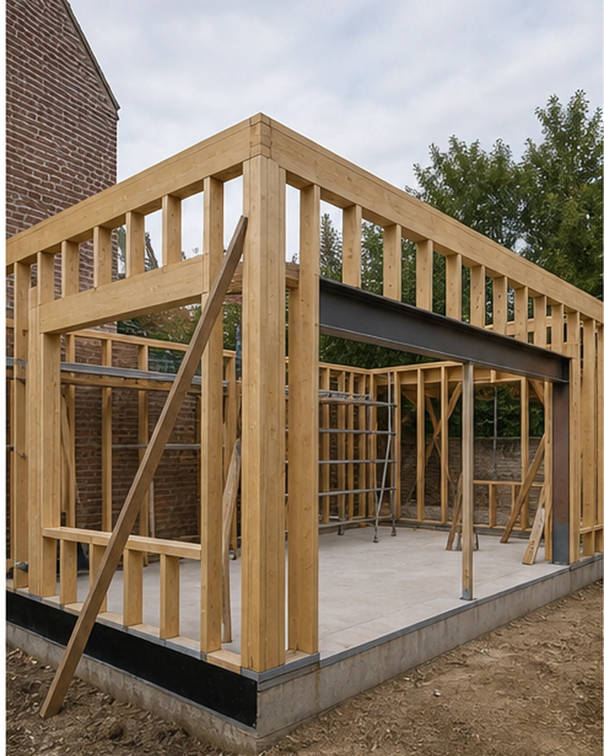 Timber frame of an extension during the shell construction phase