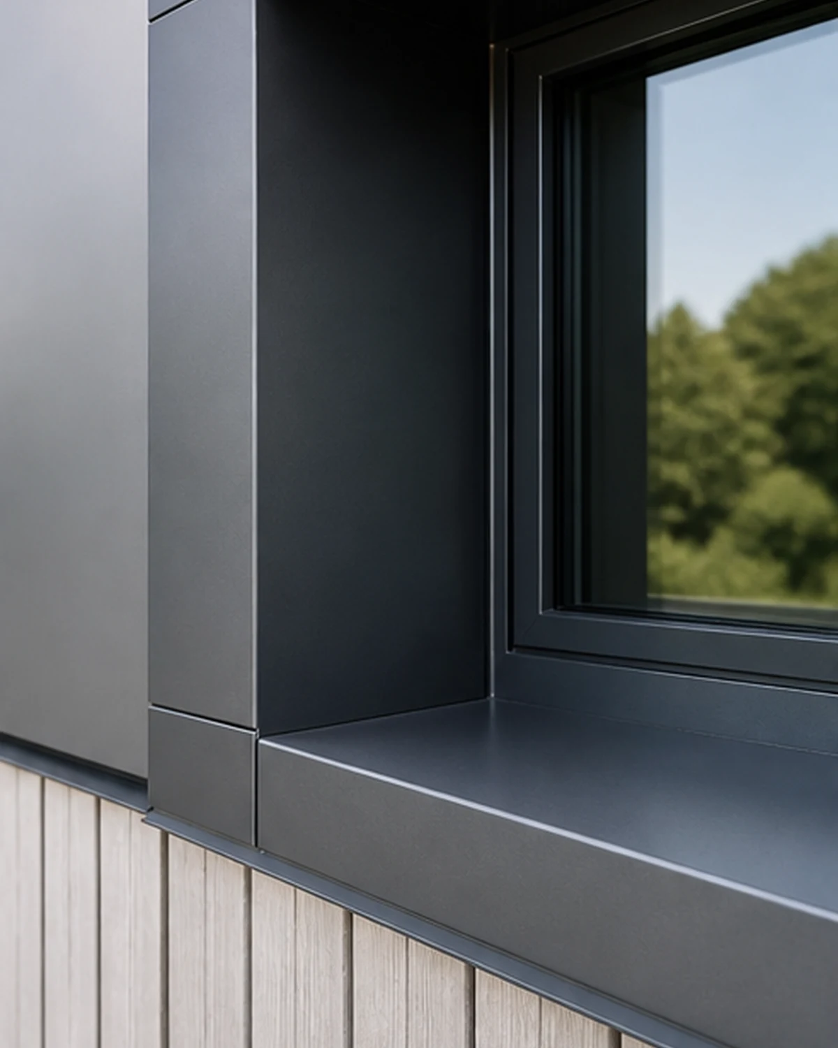 Tightly folded aluminum reveal and water hammer around a window