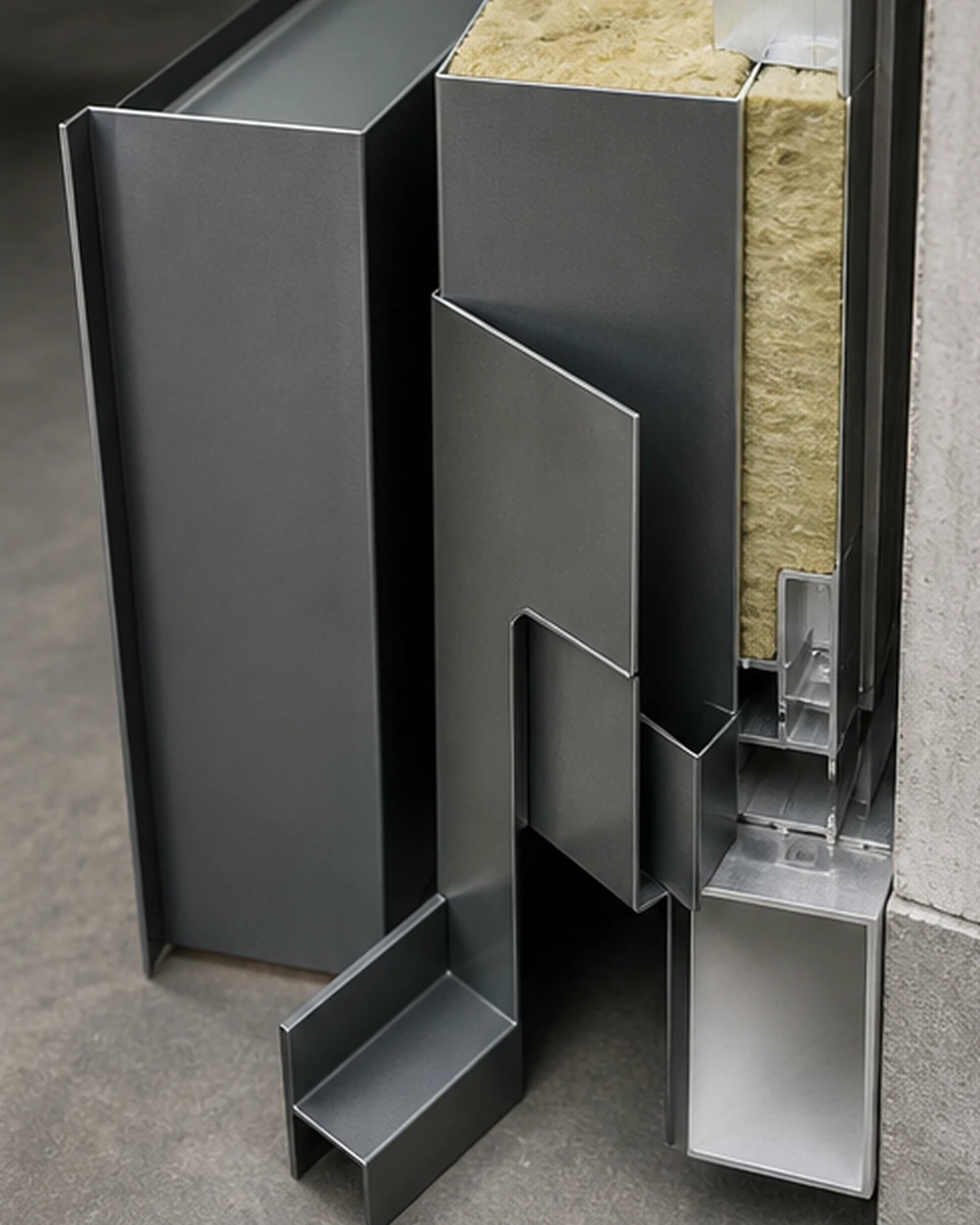 Detail of folded aluminum profiles for insulation and facade connections