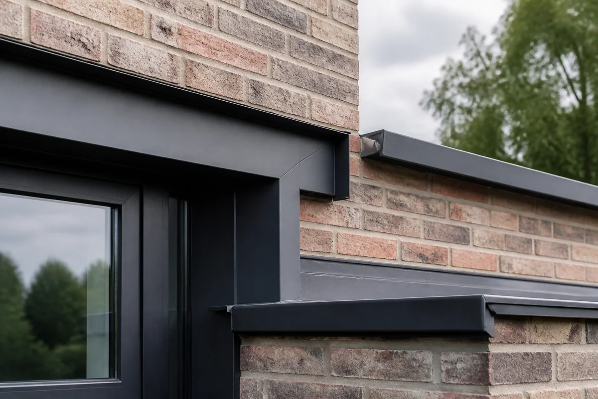 Tightly pleated aluminum finish around window and roof edge