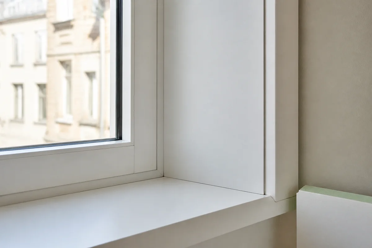 Finition intérieure élégante en MDF résistant à l'humidité autour d'une fenêtre