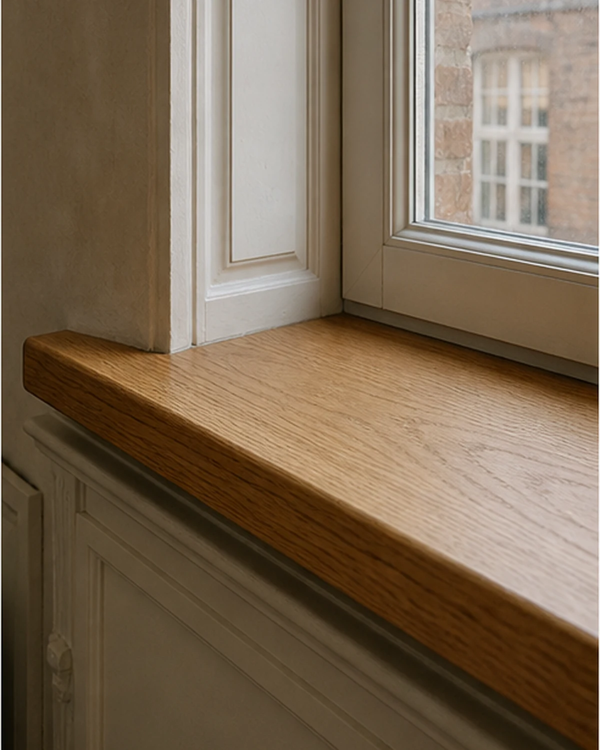 Plateau de table intérieur en chêne massif dans une rénovation chaleureuse