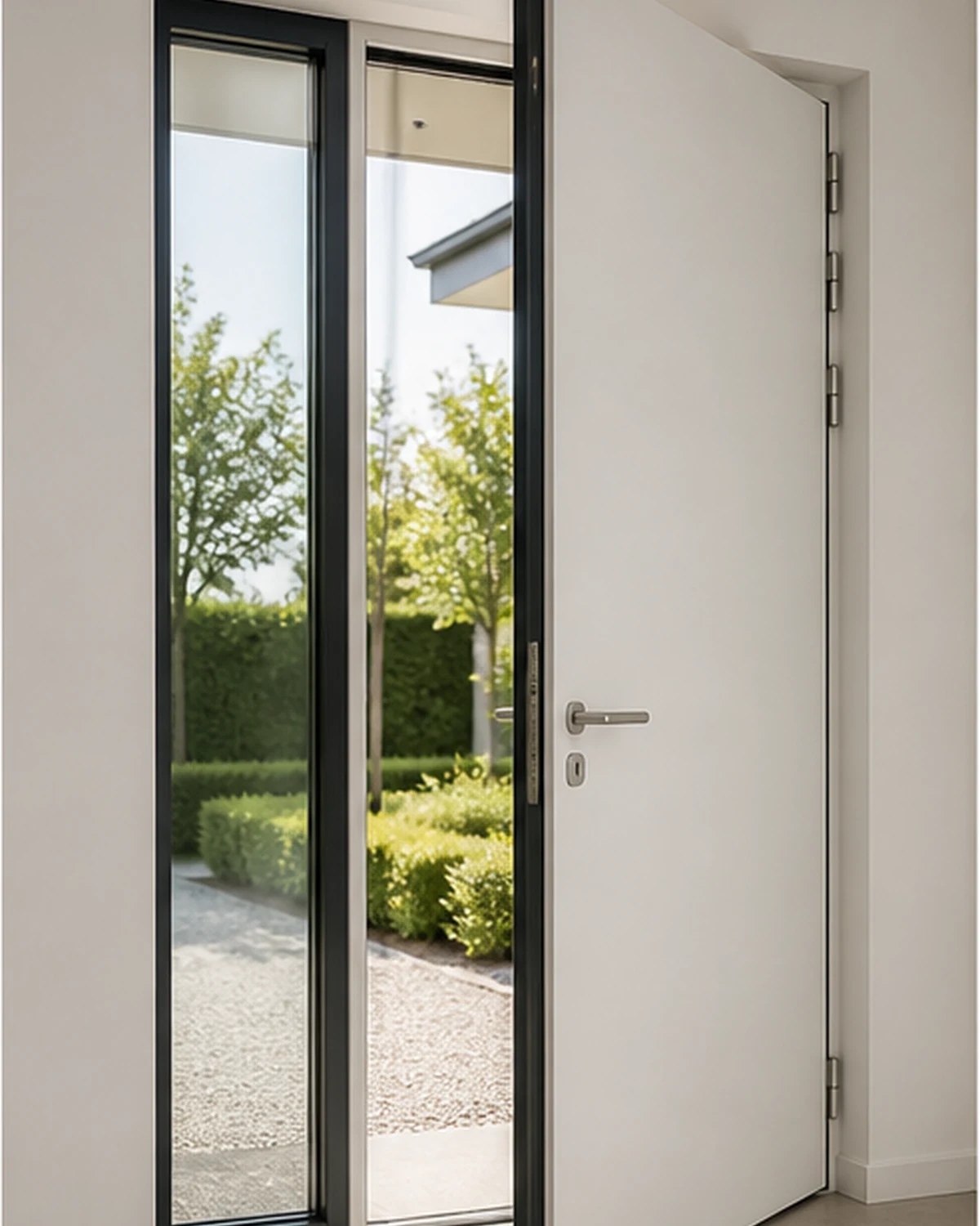 Porte en aluminium bicolore avec intérieur blanc et cadre foncé