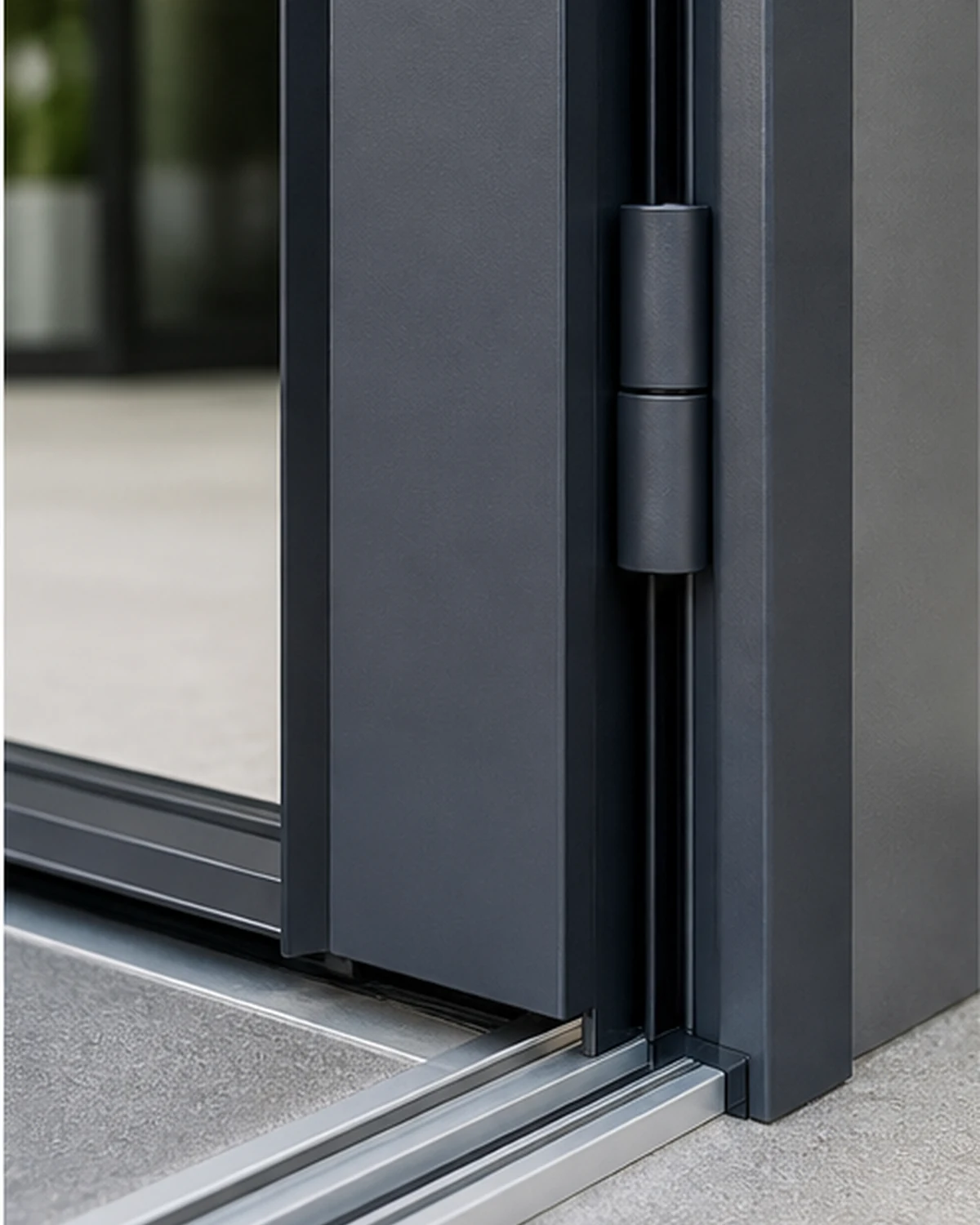 Détail du profilé de porte en aluminium, de la charnière et du seuil bas