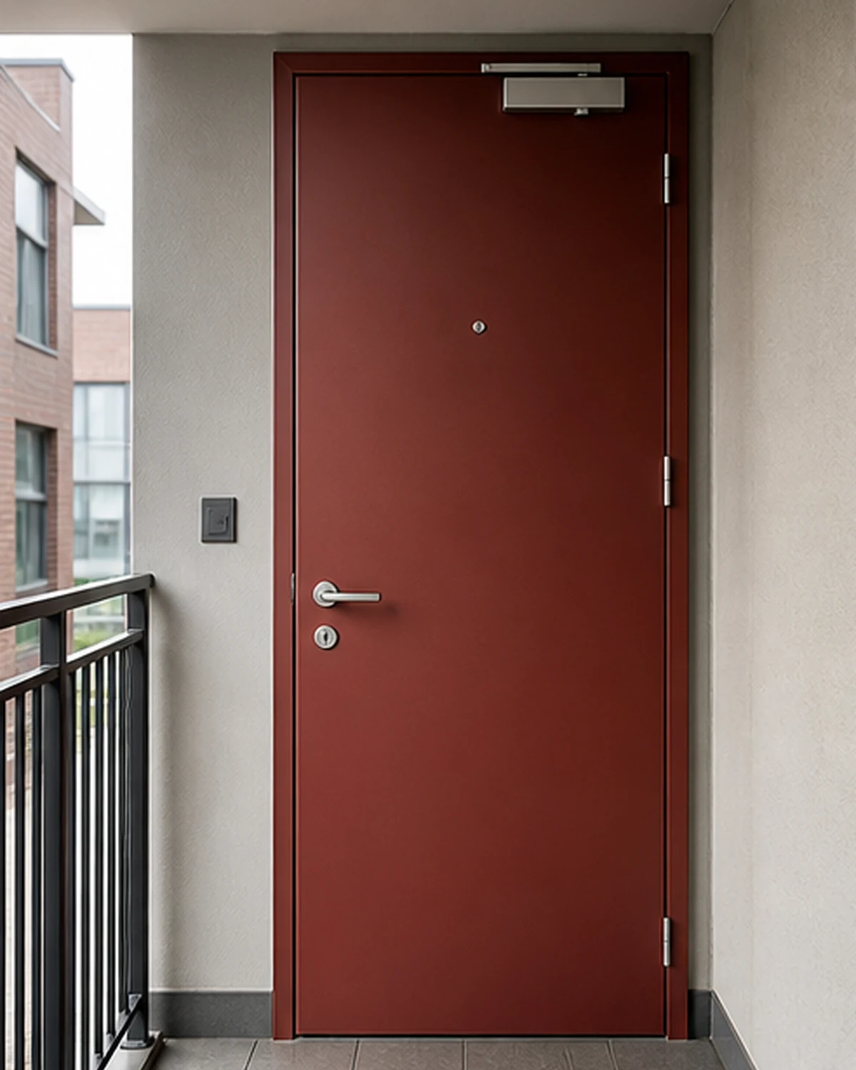 Porte technique robuste avec ferme-porte dans un couloir communal