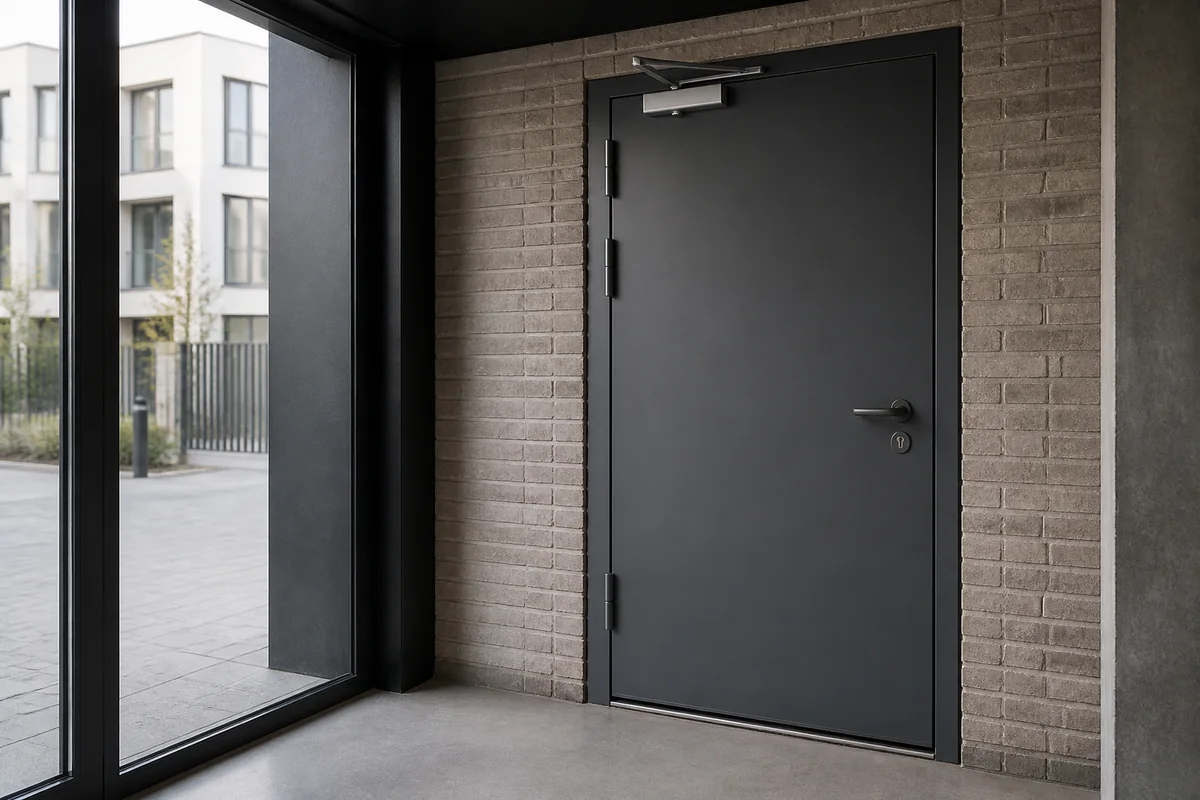 Porte coupe-feu technique avec cadre lourd, charnières et ferme-porte