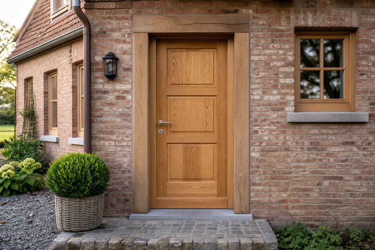 Wooden front door with a warm appearance