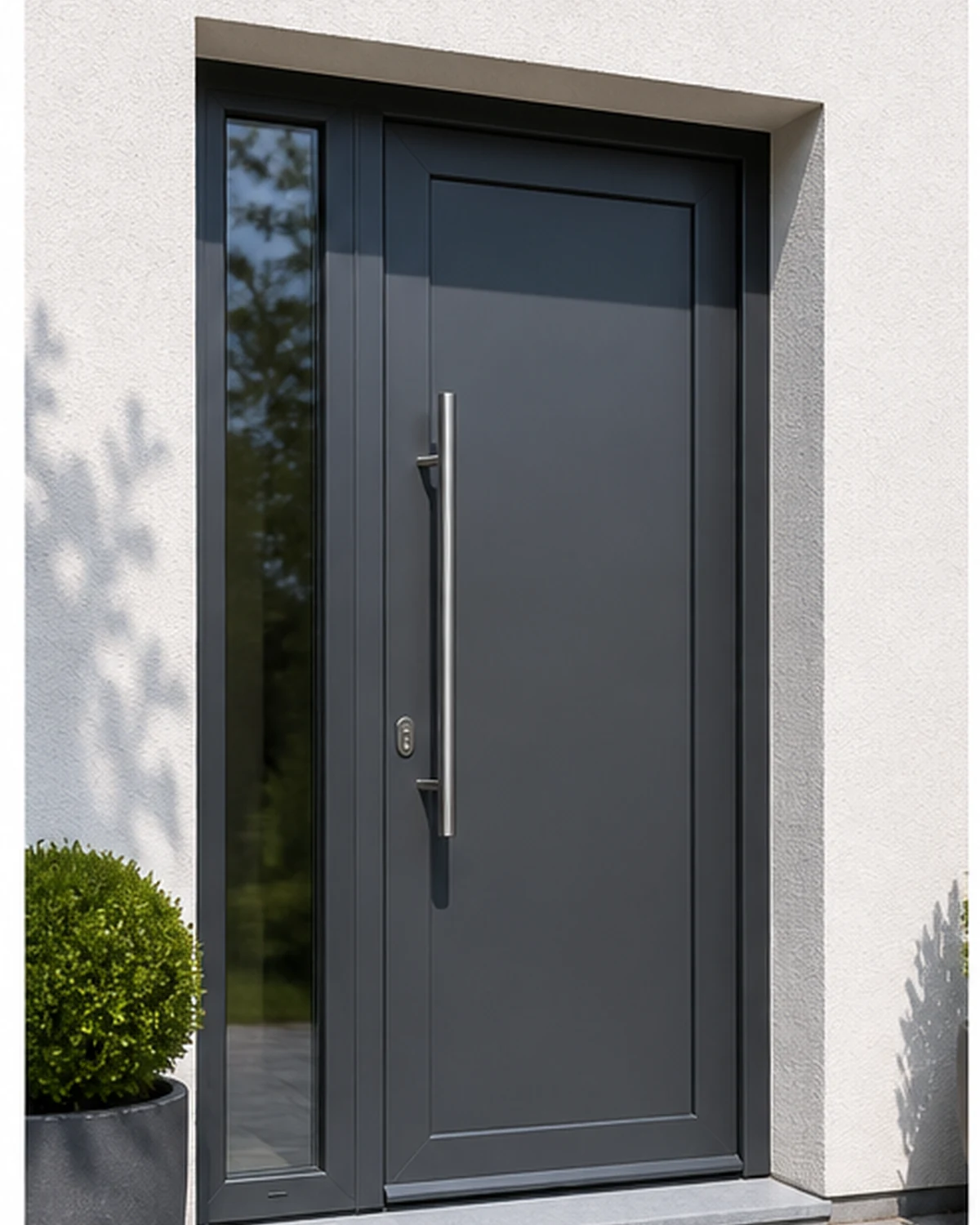 Porte d'entrée moderne en PVC foncé avec profil soudé épais