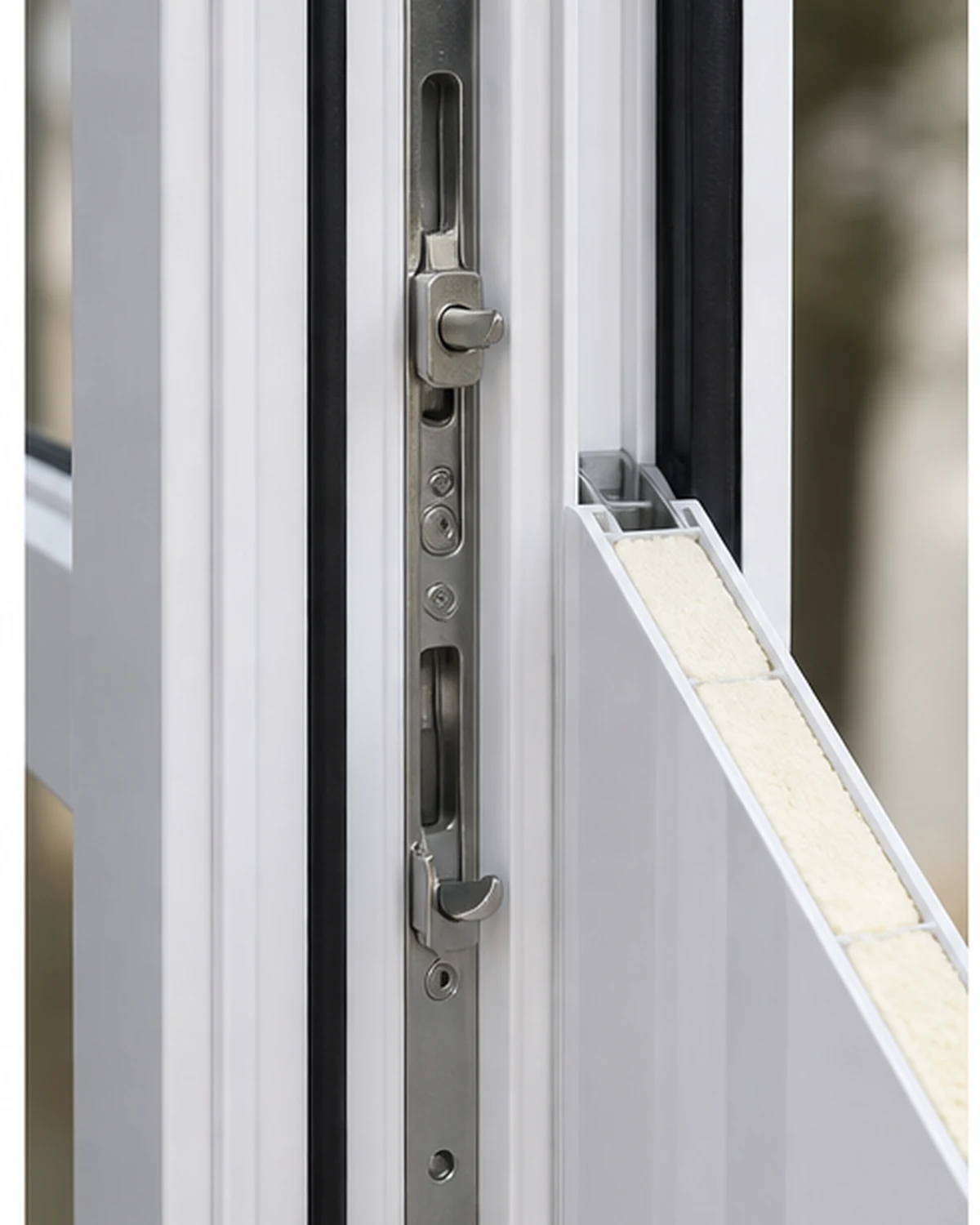 Détail de l'huisserie de porte en PVC, de la serrure multipoints et des joints
