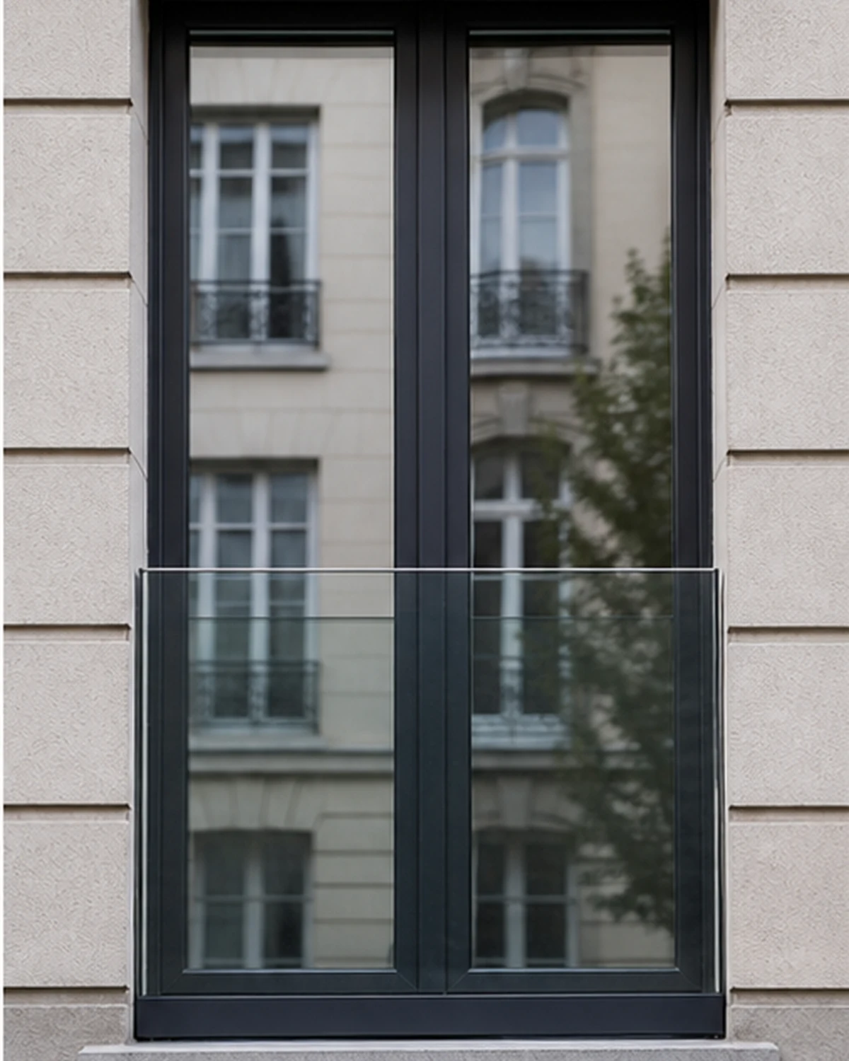 Parapet en verre pour une fenêtre d'étage dans une façade d'appartement
