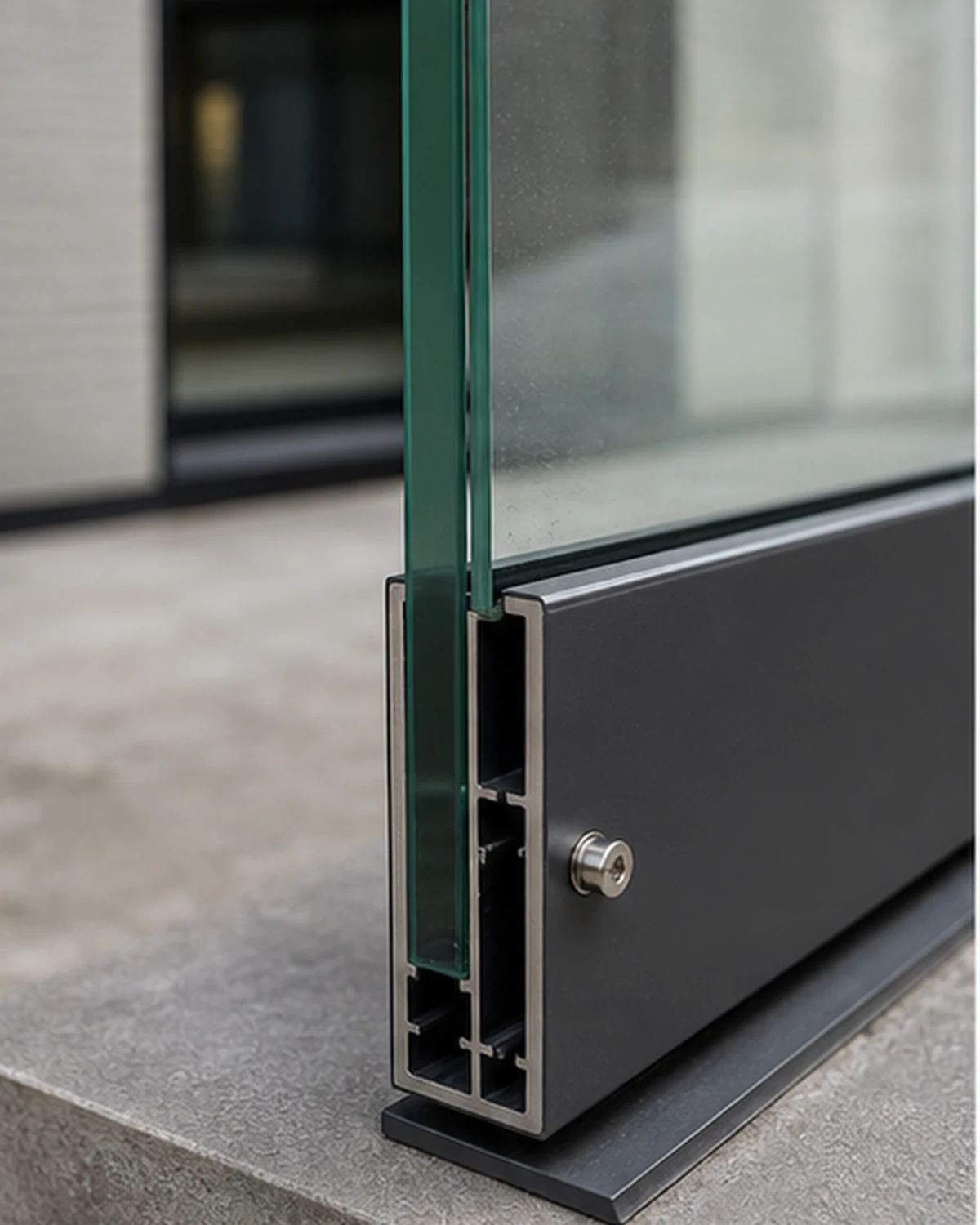 Détail du verre feuilleté, profilé en aluminium et montage sécurisé