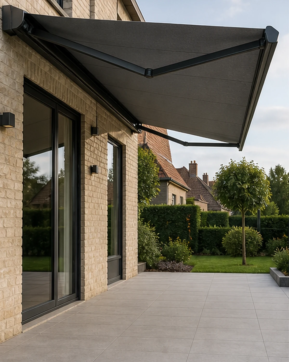 Store à cassette large à bras articulés au-dessus d'une terrasse sans poteaux de support