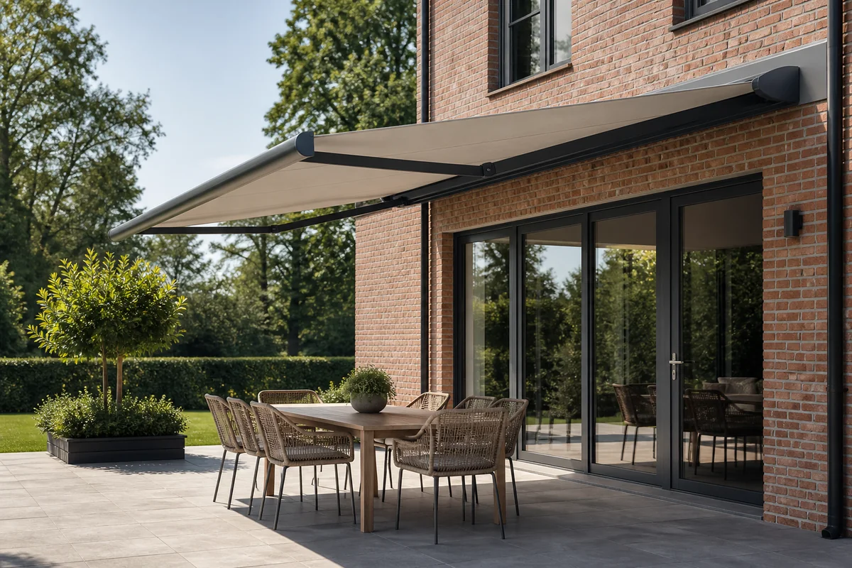 Store à bras repliable à cassette allongé au-dessus d'une terrasse