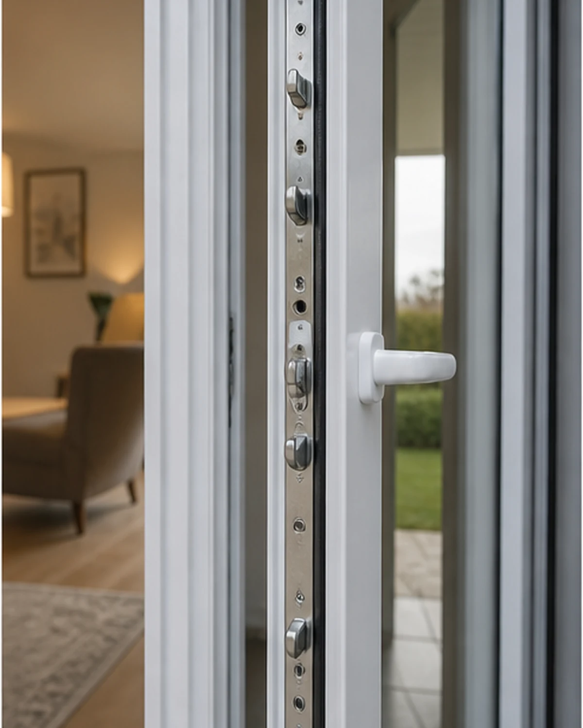 Open PVC door with multi-point lock and reinforced profile
