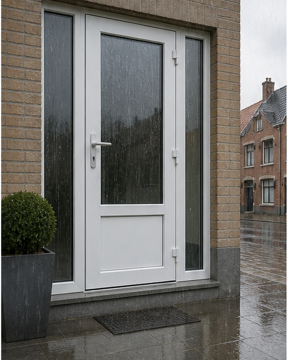 Weatherproof white PVC front door with insulating glazing
