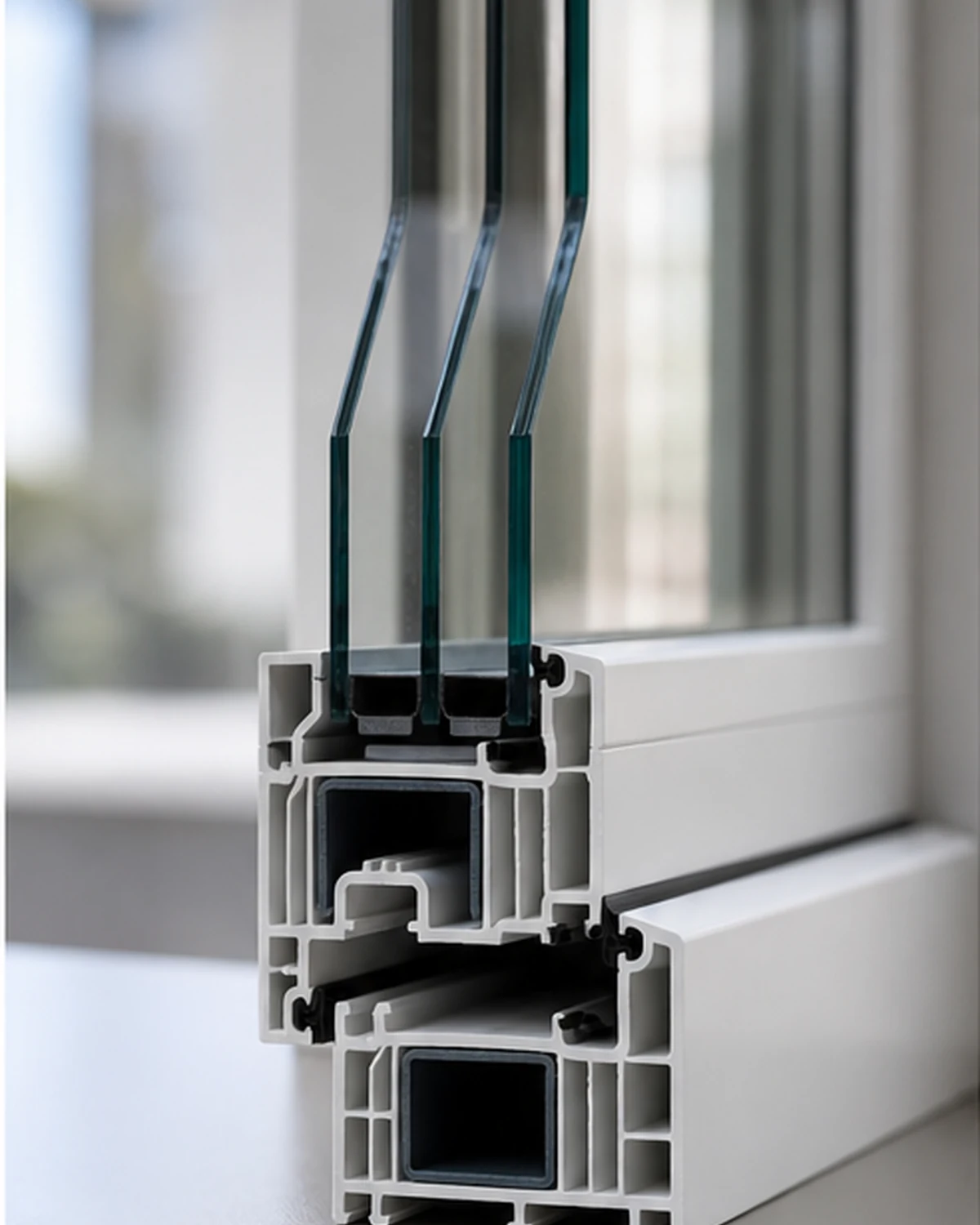 Détail d'un profilé multi-chambres et triple vitrage dans une fenêtre PVC