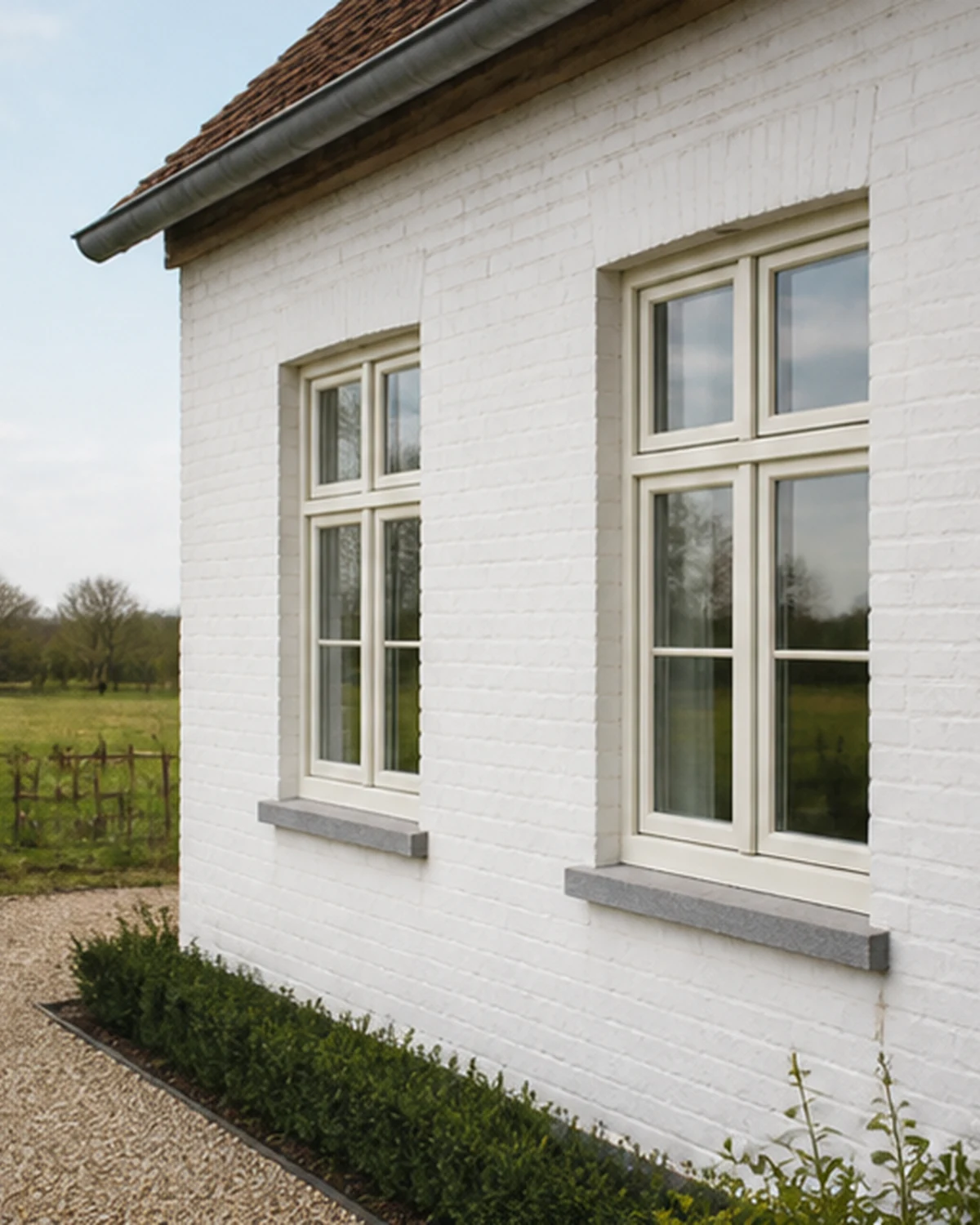 Fenêtres PVC couleur crème dans une façade rurale