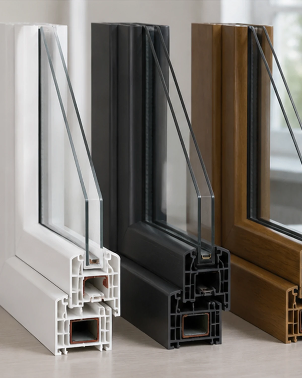 Détail des finitions des profilés PVC blanc, foncé et aspect bois