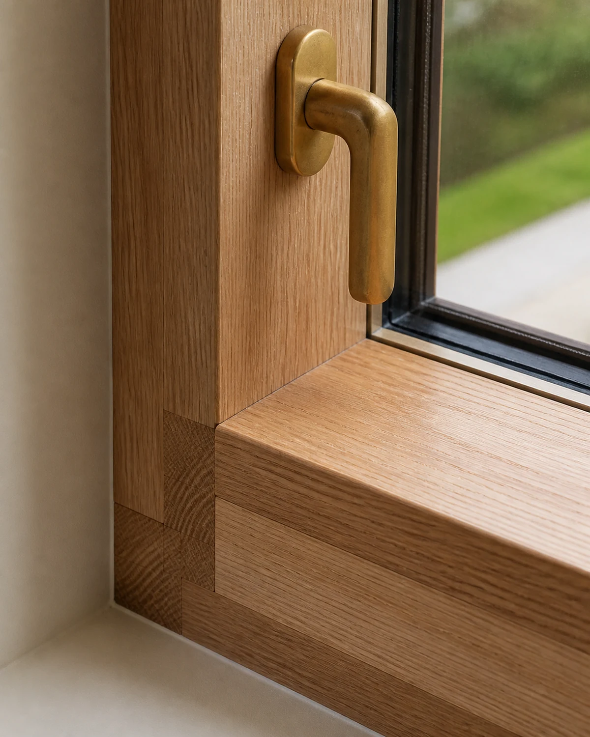 Craftsman corner detail of a solid wooden window
