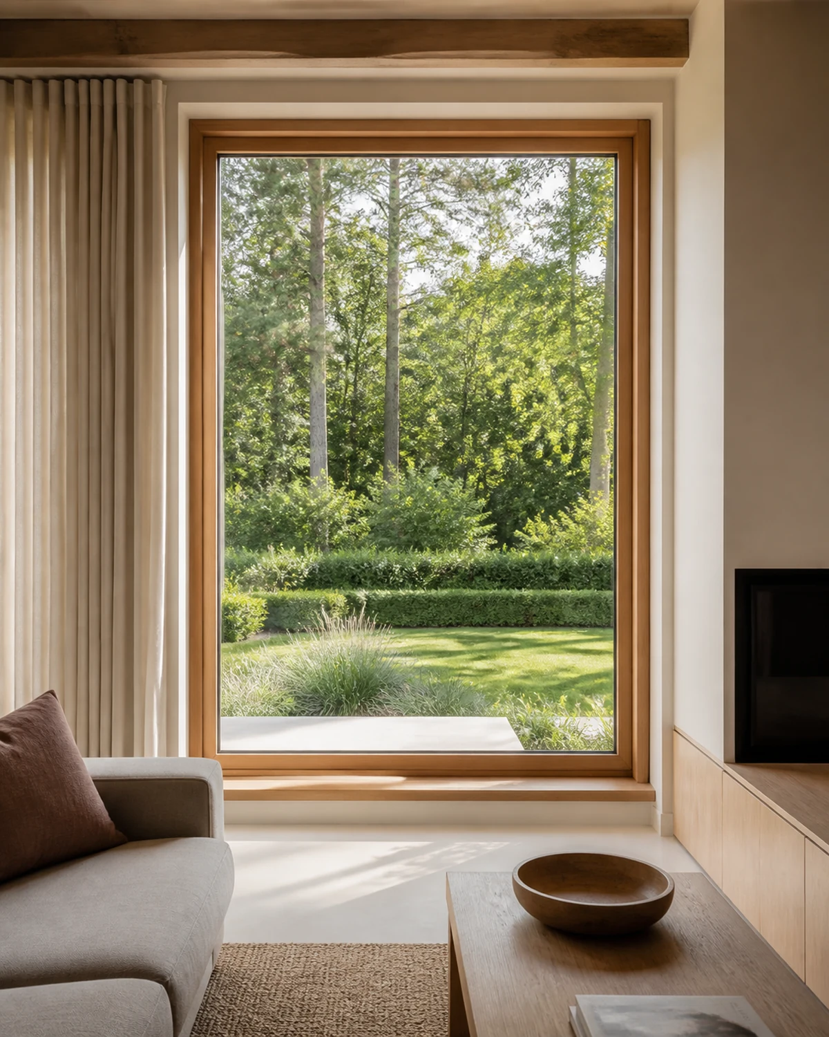 Modern wooden window with wide oak frame from the interior
