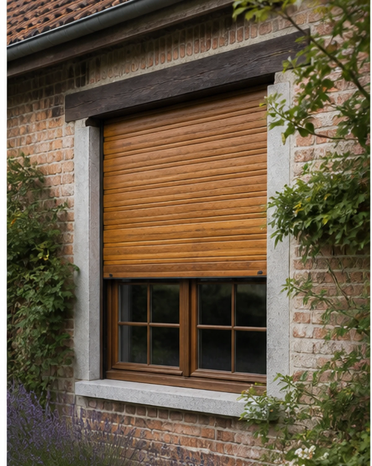 Wooden roller shutter with oak slats on a rural facade