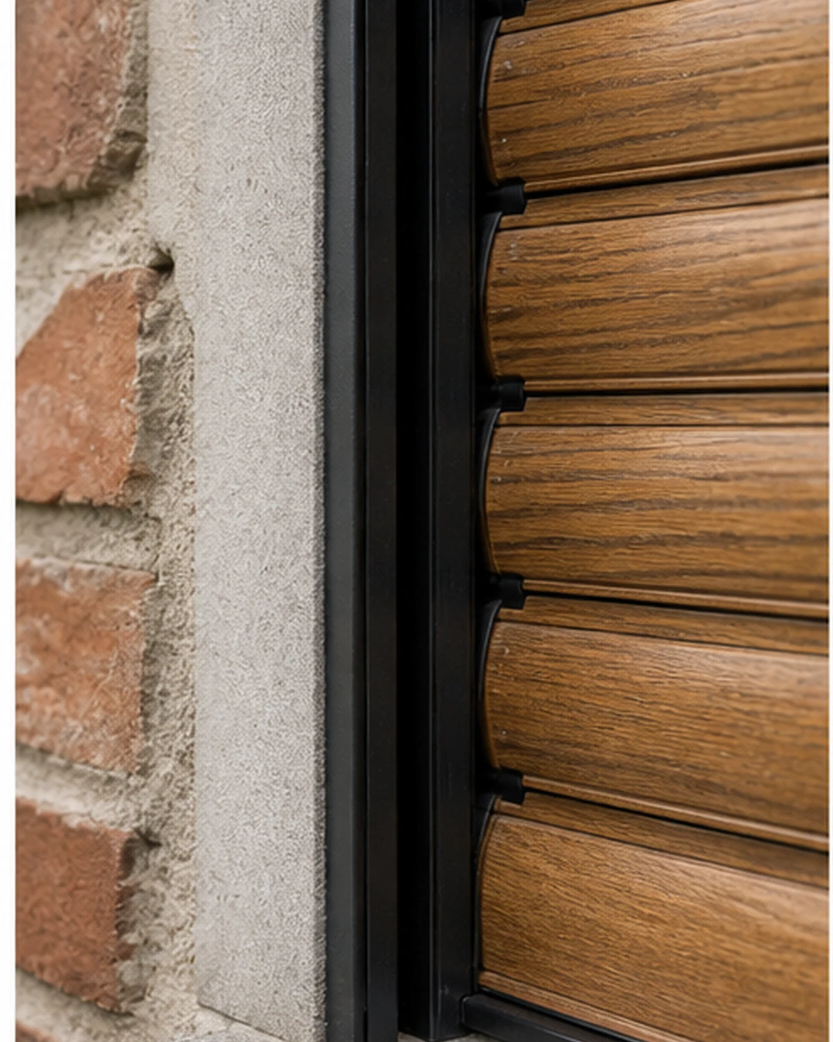 Detail of linked wooden roller shutter slats with visible grain
