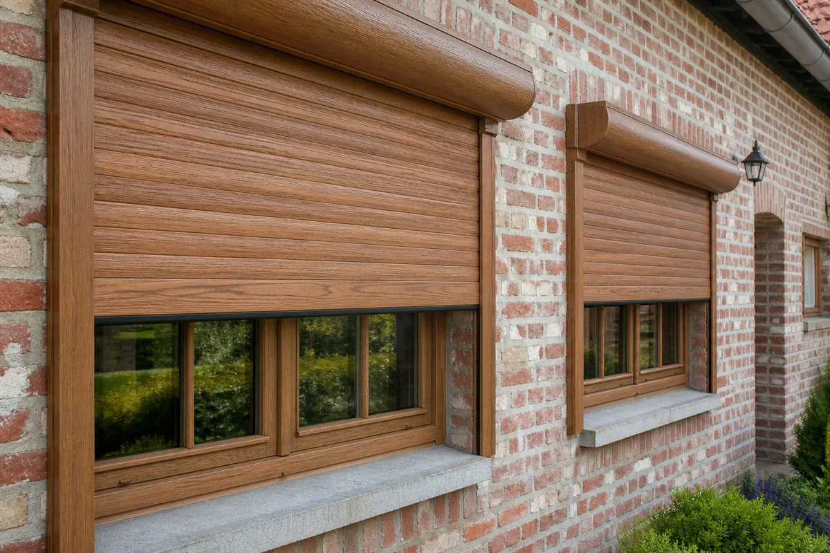 Roller shutters with solid wooden slats and clearly visible grain
