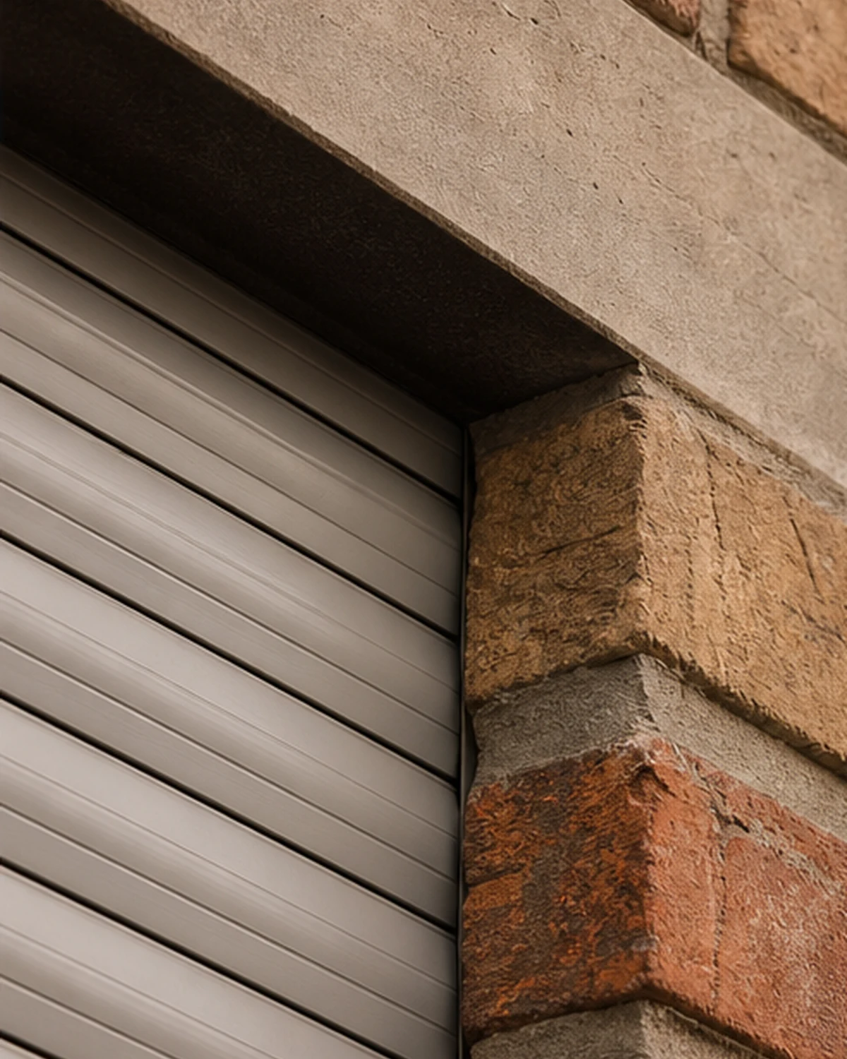 Detail of roller shutter slats emerging from a hidden facade cavity