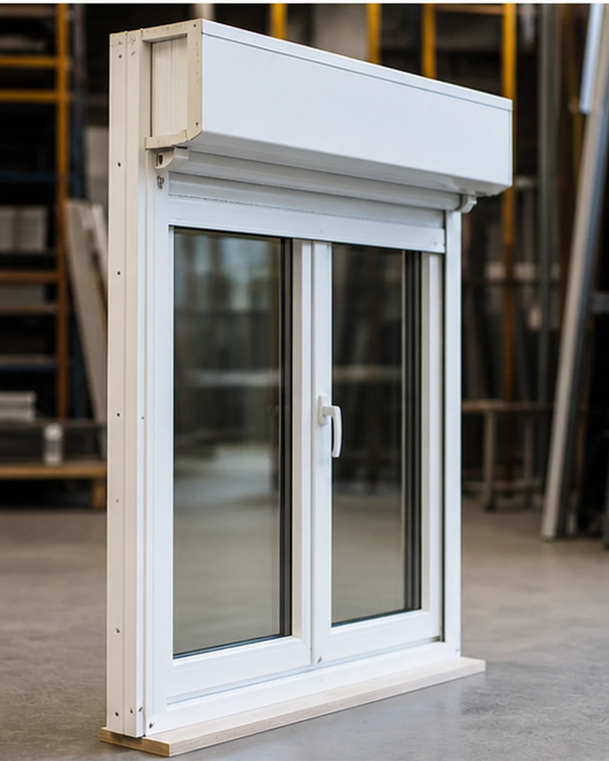 Complete window with surface-mounted roller shutter box before installation