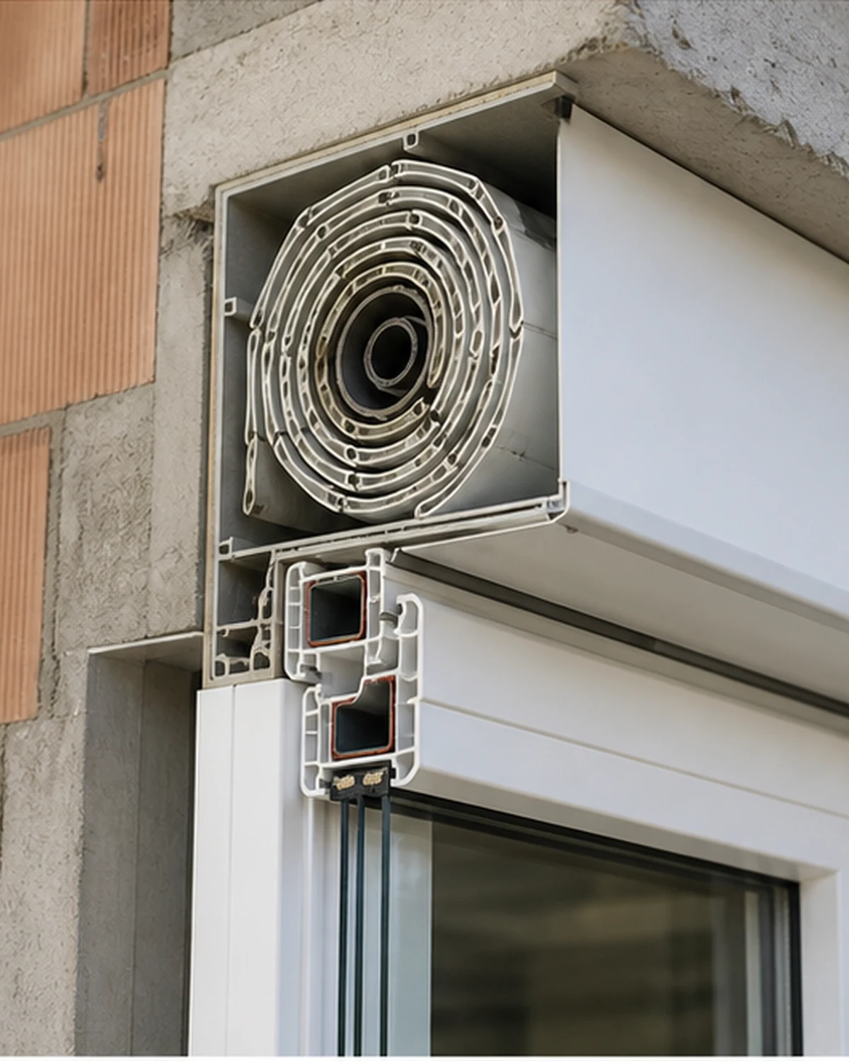 Cross-section detail of roller shutter box that connects to the top of the PVC window