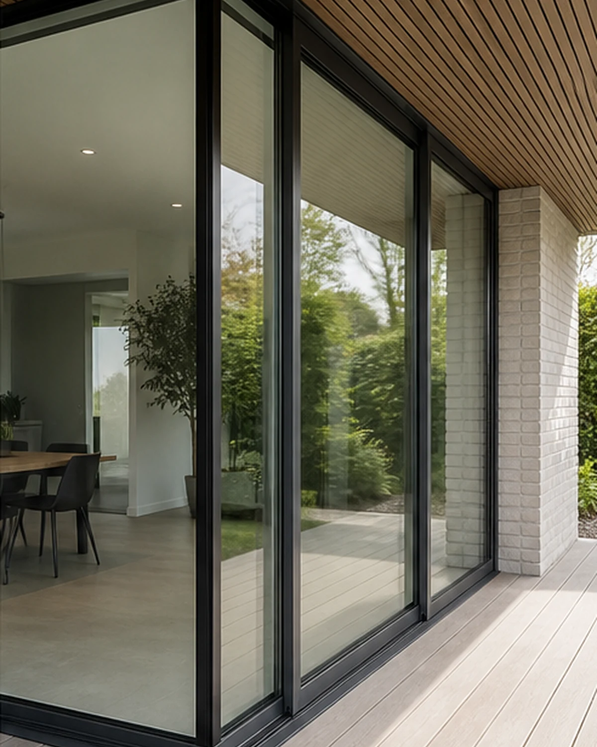 Porte coulissante d'angle fine en aluminium donnant sur une terrasse