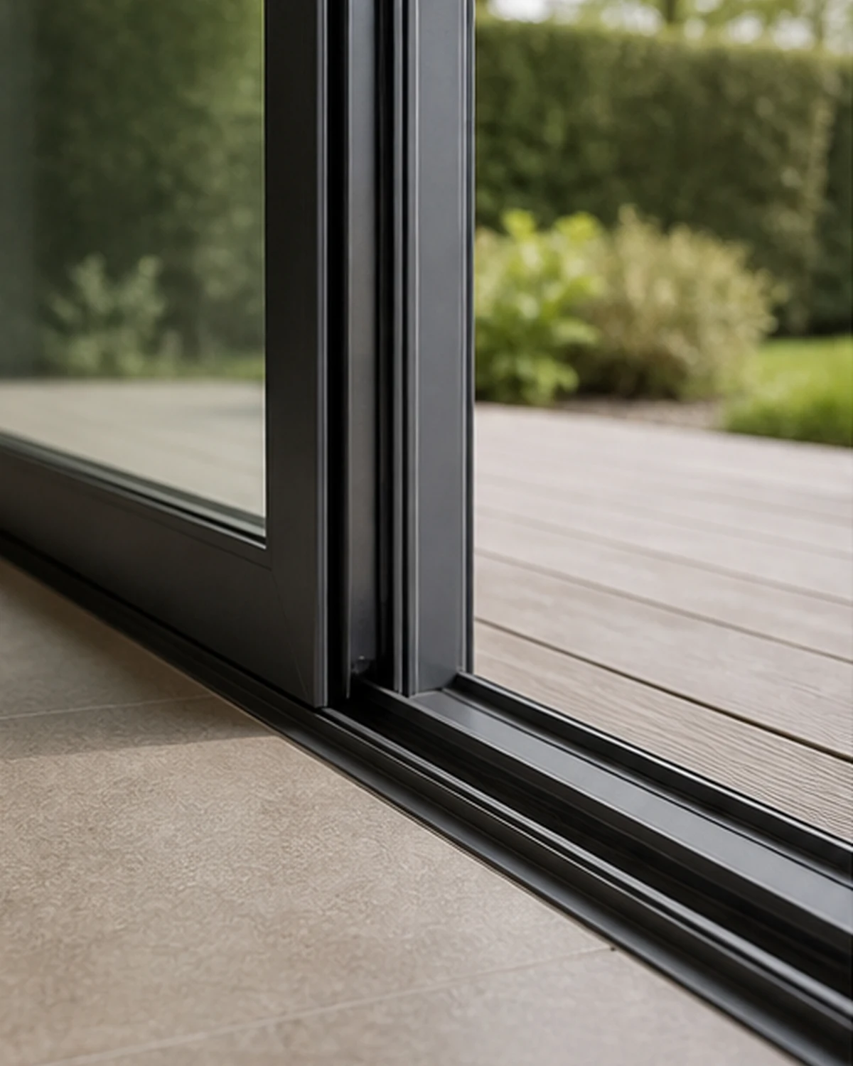 Détail du seuil bas, du rail et du profilé en aluminium