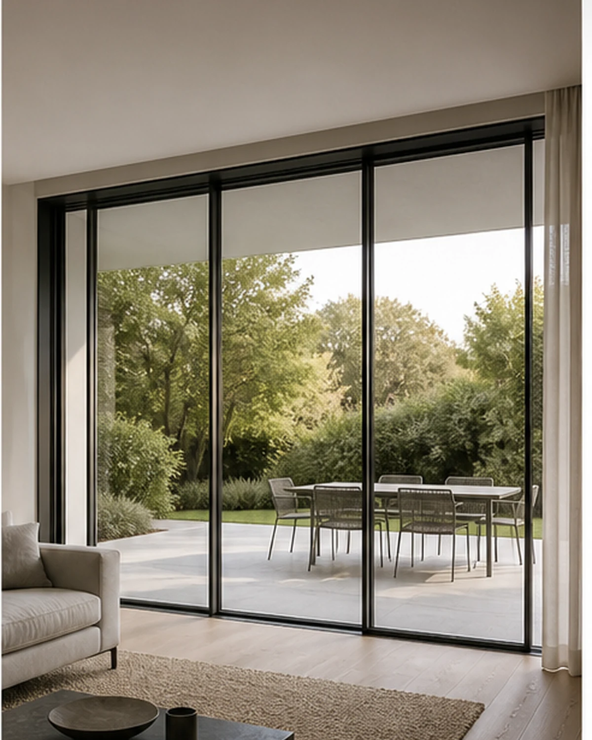 Paroi vitrée en aluminium en quatre parties entre espace de vie et terrasse