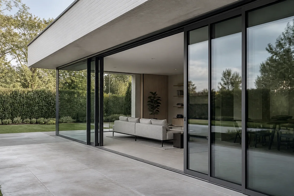 Système coulissant minimaliste en aluminium avec trois grandes parties vitrées