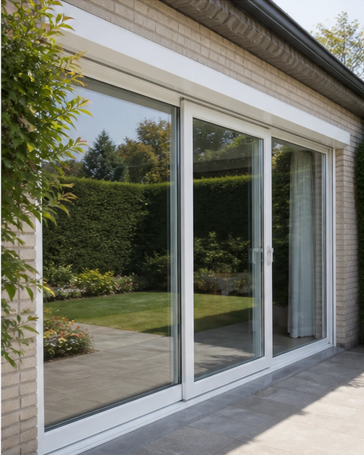 Porte coulissante en PVC blanc qui relie une maison au jardin