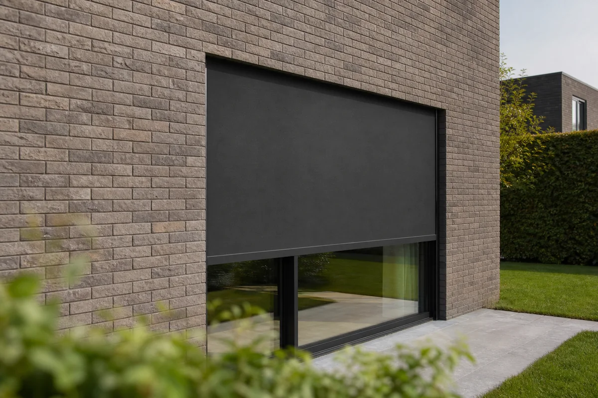 Inbouwscreen boven een groot raam in een moderne gevel