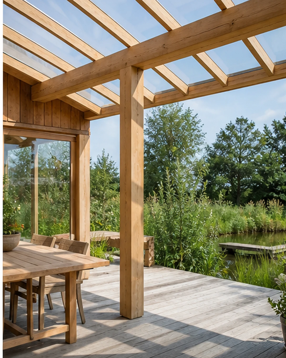 Modern wooden pergola with translucent roof