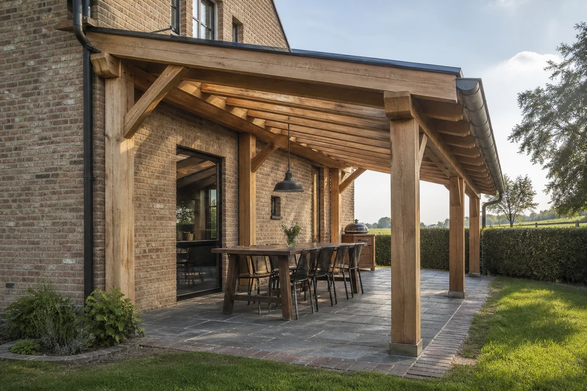 Wooden patio cover with visible solid oak posts and beams