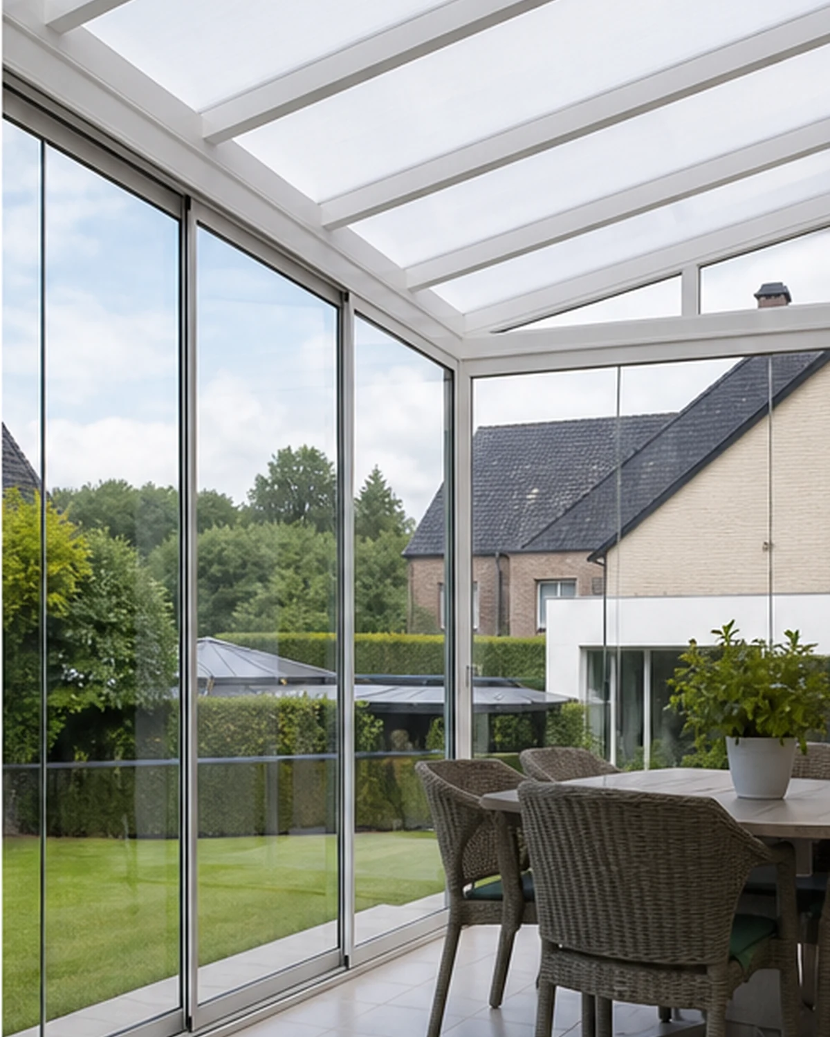 Light PVC terrace area with sliding glass panels