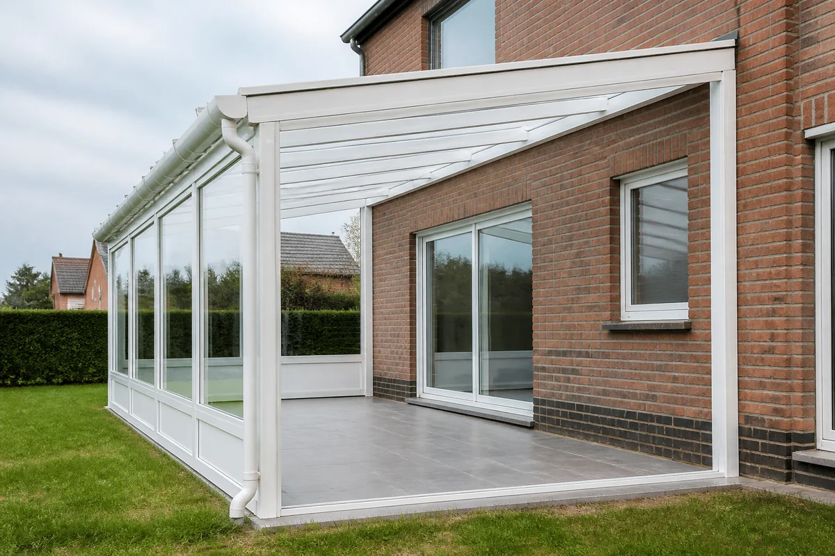 White PVC patio cover with transparent roof panels, glass wall and integrated gutter